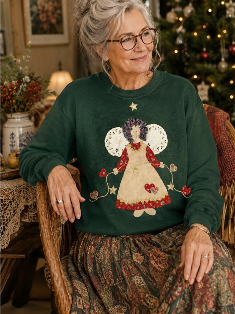 Vintage Jerzees Christmas Angel Sweatshirt L Handmade Applique Grandmacore USA